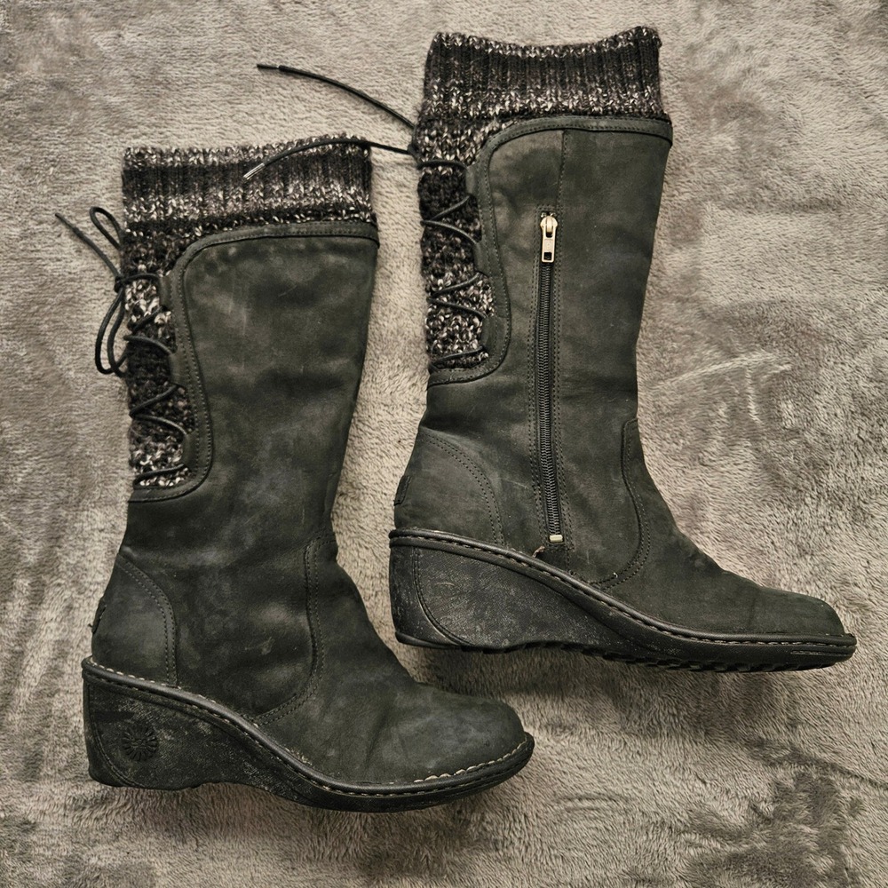 UGG Australia Skylair Black Leather Knit Cuff Wedge Boots S/N 1936 Womens 9